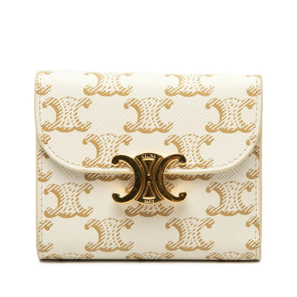 Celine Triomphe Flap Wallet Tri fold Ivory White Leather